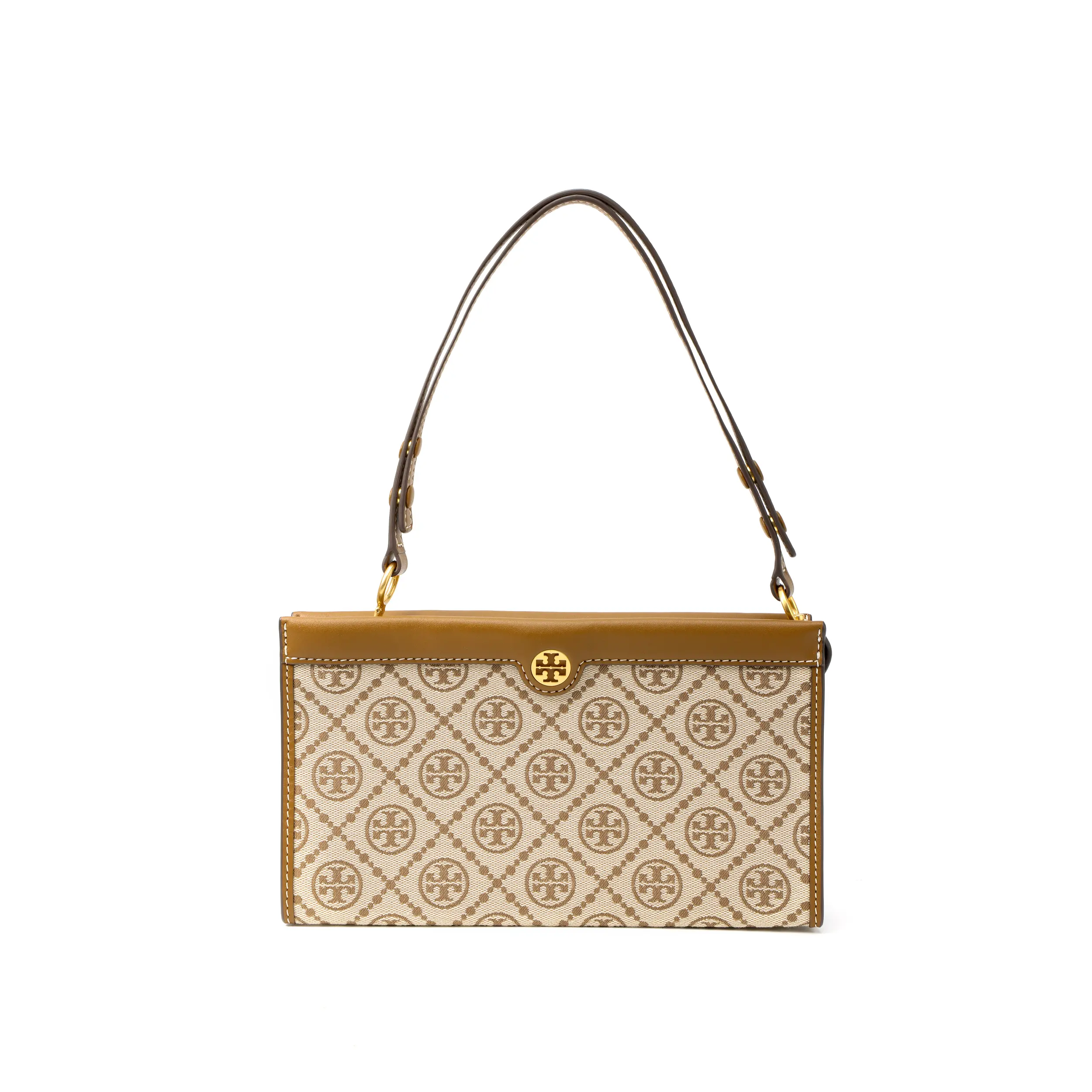 Tory Burch T Monogram Woven Jacquard and Leather Crossbody Bag for Women, Mini Shoulder Handbag in Brown