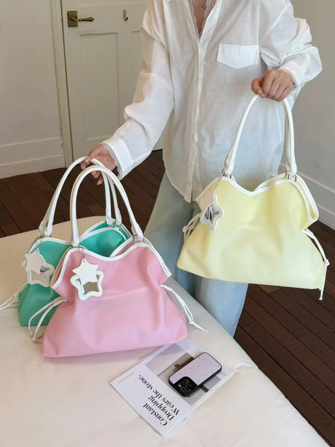 1PC Pastel Color Kawaii Y2K Tote Bag Casual Trendy Bag Casual Fashion Bag Soft Waterproof Nylon Drawstring Shoulder Bag Large Capacity Daily School Handbag with Detachable Star Mirror Pendant for Women