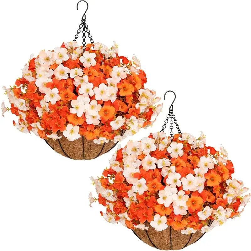 2-Piece Autumn Outdoor Artificial Flowers Morning Glory Hanging Baskets, Includes 2 Baskets and 24 Bouquets, Ideal for Balcony, Garden, Patio Decor, Plastic Flower Decoration, Artificial Flower Decoration