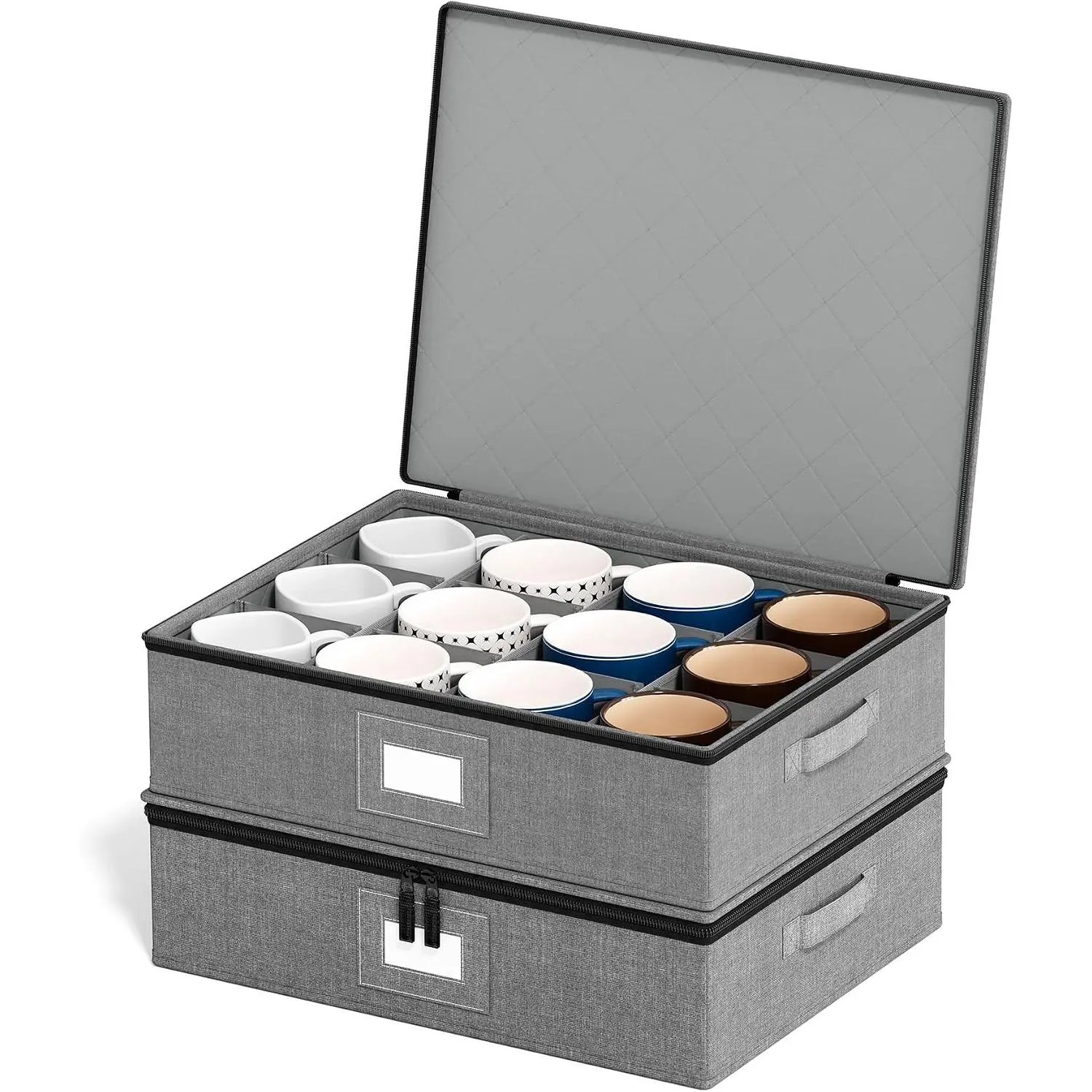Cup and Mug Storage Organizer 2 Pack,  Storage Containers, Hard Shell Quilted Cases with Soft Plate Separators, Moving Supplies Packing Boxes for 24  Cups or Coffee Mugs (Grey)