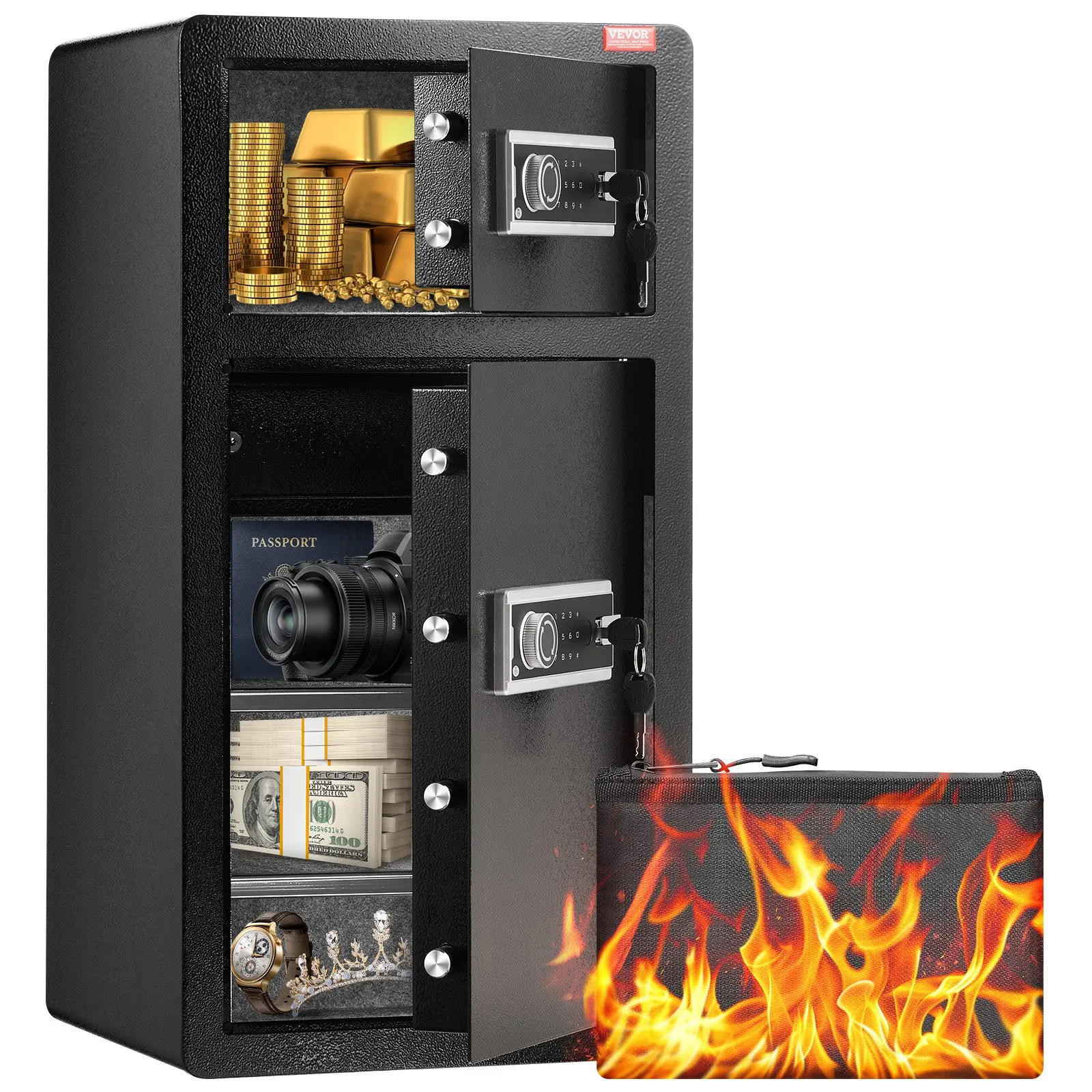 【Summerfinds】VEVOR Double Doors 5.5 cu. ft Safe Box with Key Lock Password, Safe Lock Box with Fireproof Bag, Key Rack, LED Light, 2 Height Adjustable and Removable Divider and 1 Cabinet for Money, Documents, Jewelry and Valuables, Black