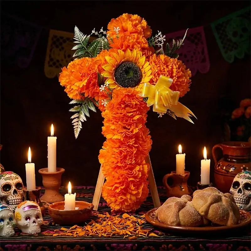 Day of The Dead Marigold Sunflower Wreath Artificial Floral Wall Decor with Ribbon for Dia De Los Muertos Altar Home Party