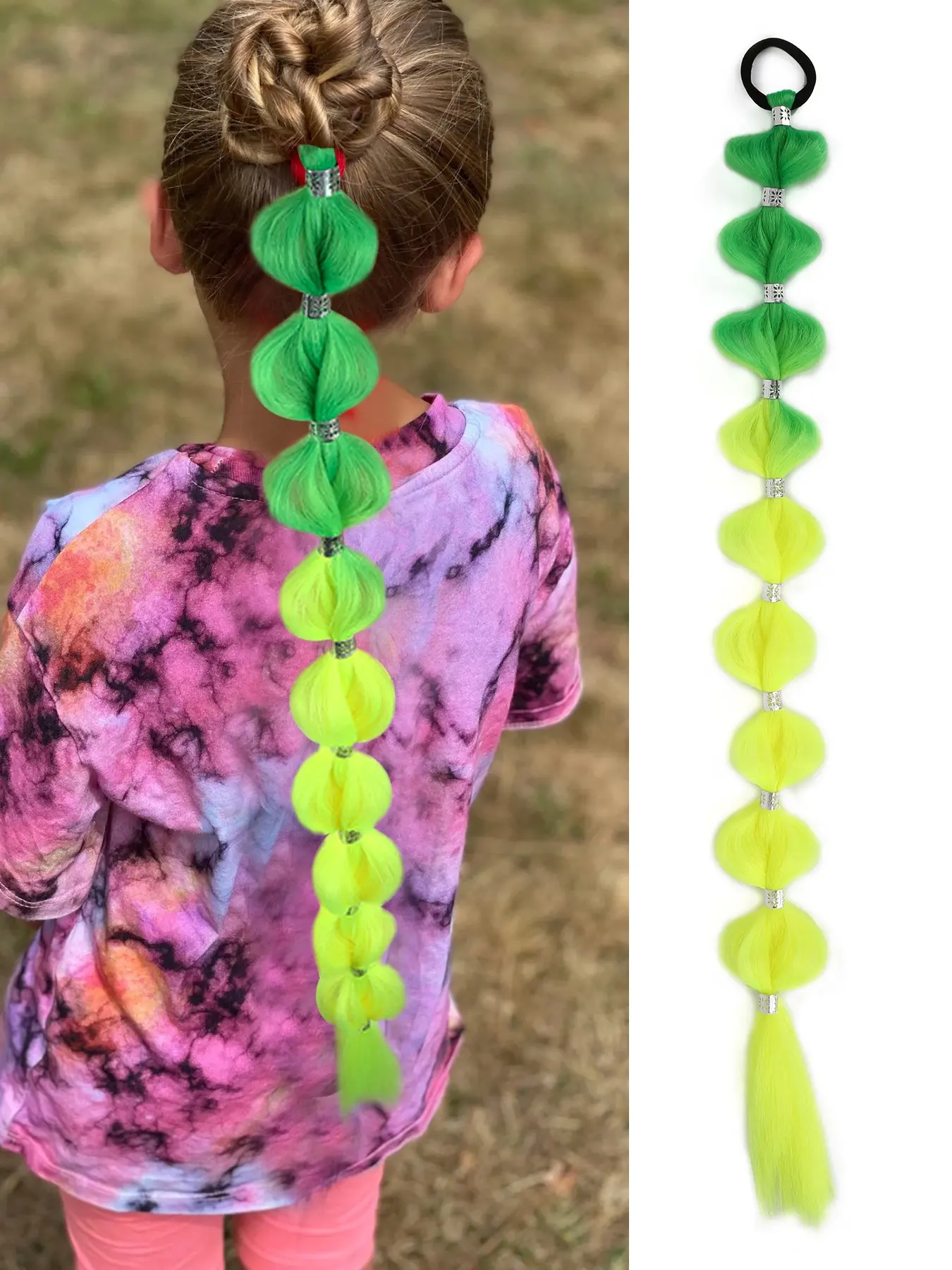 22 Inch Ombre Green to Yellow Bubble Ponytail Extension with Hair Tie, Lightweight Synthetic Bubble Braid Ponytail Hairpiece, Tangle-Free Flame Retardant Bubble Braids for Halloween Cosplay Party Daily Wear