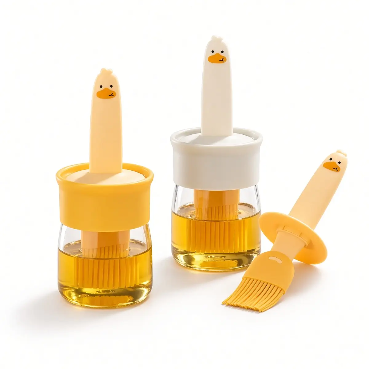 2PC Silicone Oil Brush & Transparent Glass Storage Bottle Set, Cute Duck Head Cooking Dispenser with Soft Brush for Baking, BBQ, Kitchen Prep