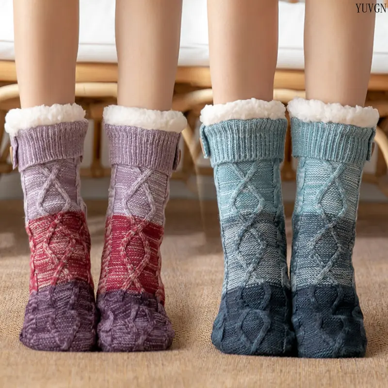 Fleece‑lined Cable Knit Mid‑calf Socks, Gradient Color Warm House Socks, Button Decor Thick Thermal Socks for Cold‑weather Indoor‑use