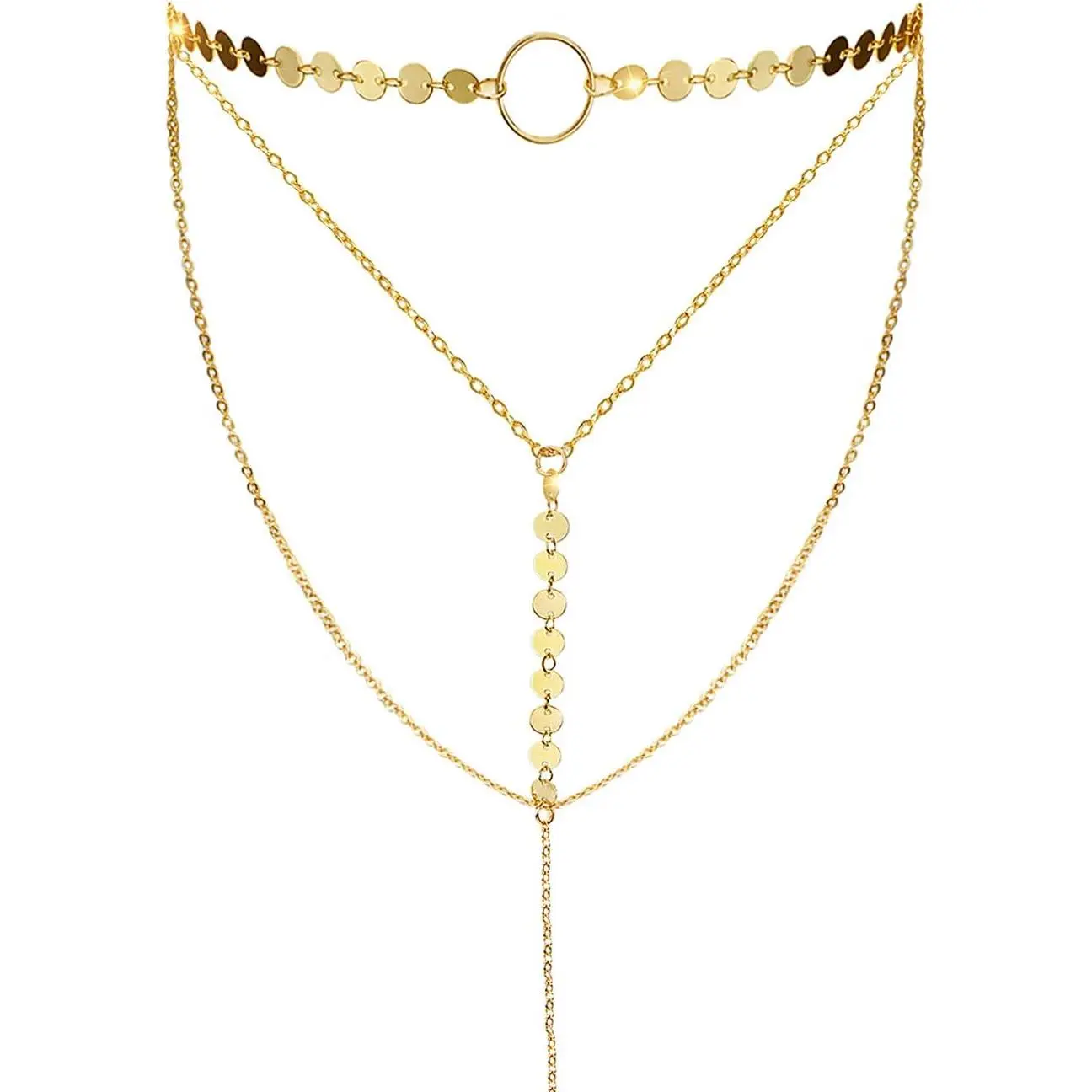 Stylish Layered Sequins Choker Necklace with Thin Long Chian Pendant for Women Lady