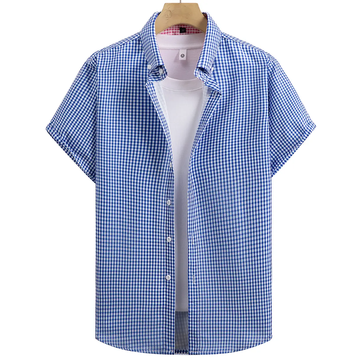 Men's Lightweight Polyester Gingham Checked Collared Button-Down Shirt - Casual Short-Sleeve, Loose Fit, Medium Length, Machine Washable Top for Summer Vacation