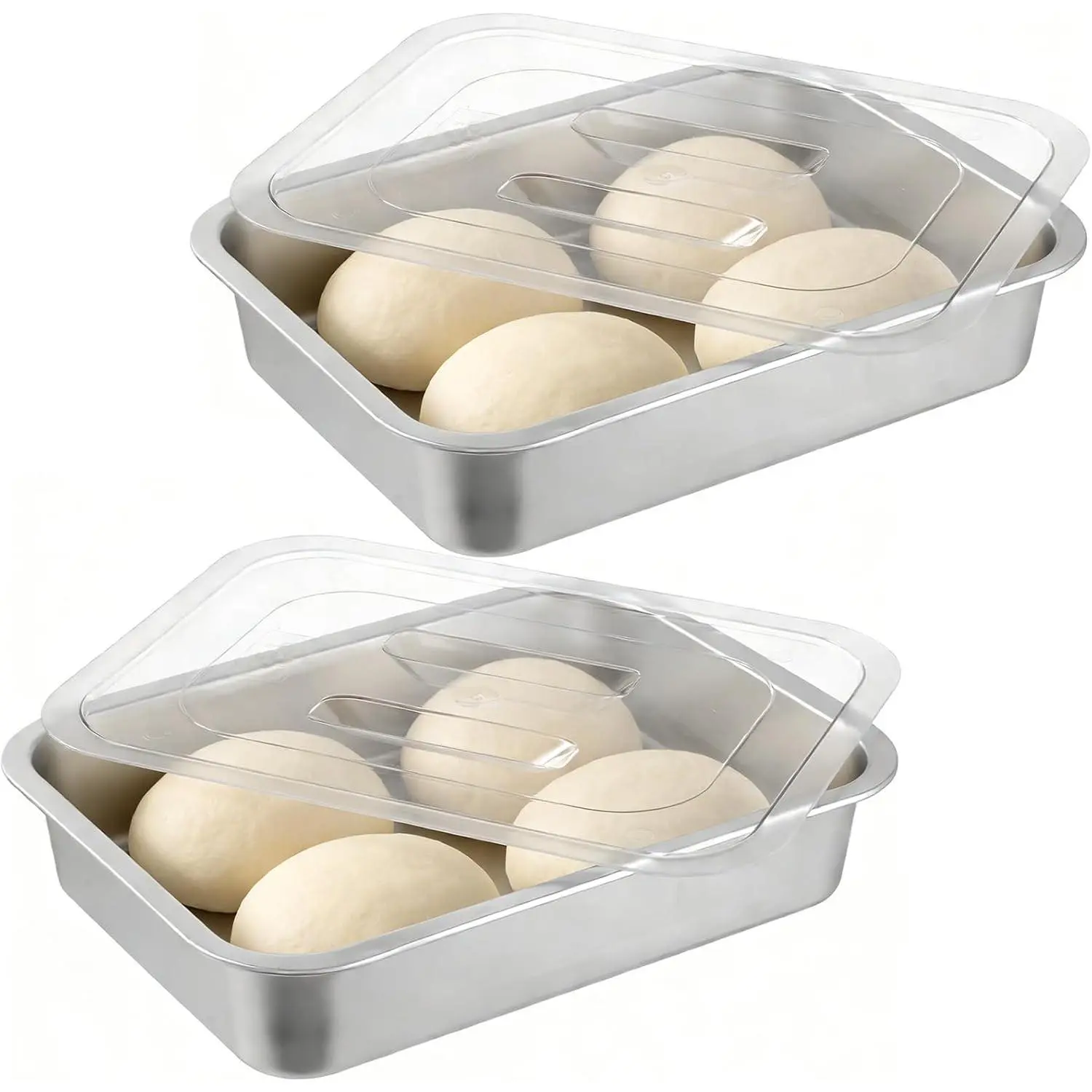 2 Pcs Pizza Dough Proofing Box, 14.1" x 10.6" Stainless Steel Dough Trays with Clear Lid, Household Pizza & Bread Proofing Storage Container, Fits 4-6 Dough Balls