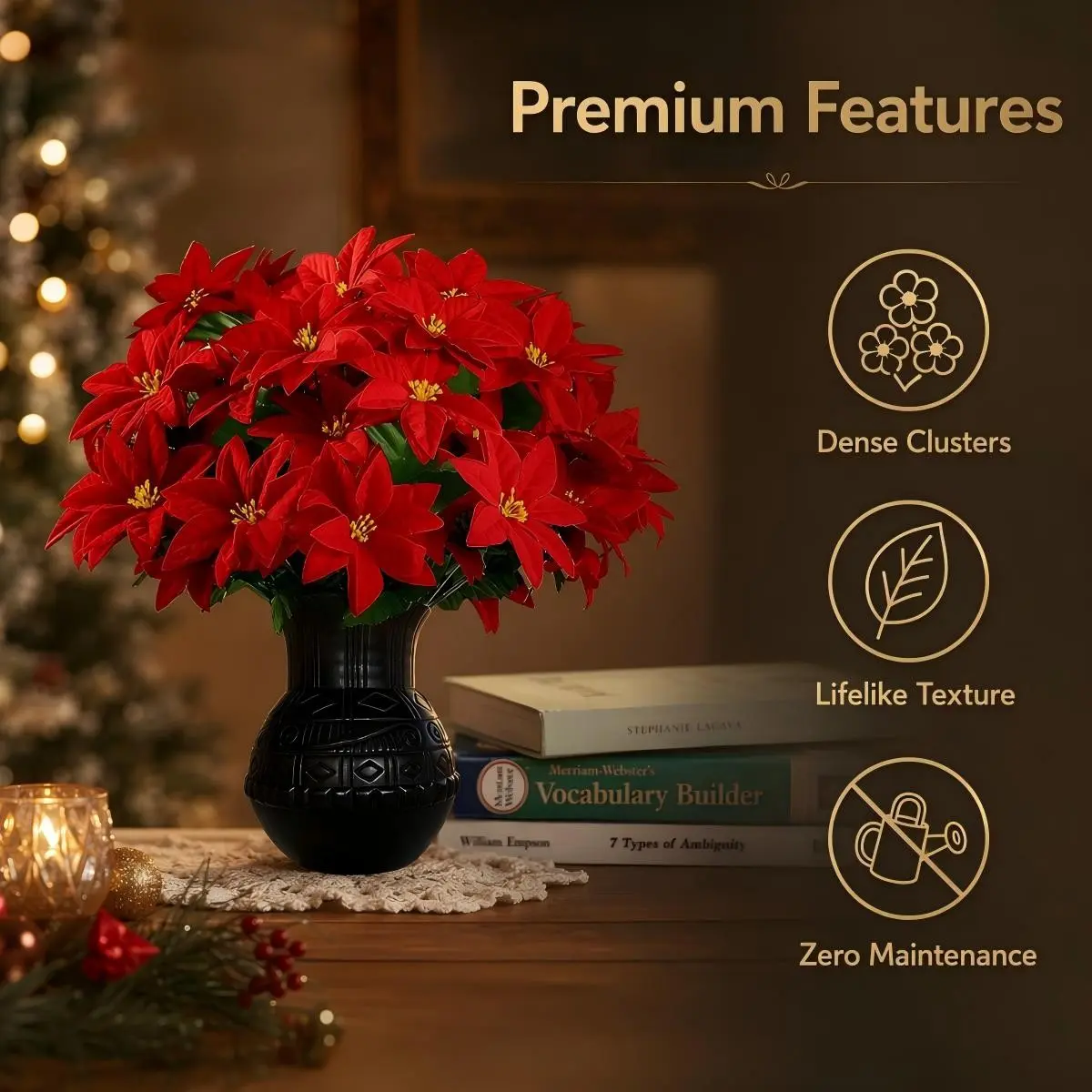 Christmas Scene Decoration Artificial Flower Bouquet, Velvet Poinsettia Fake Flowers, 3-Piece Set for Home Decor, Festive Holiday Ornament