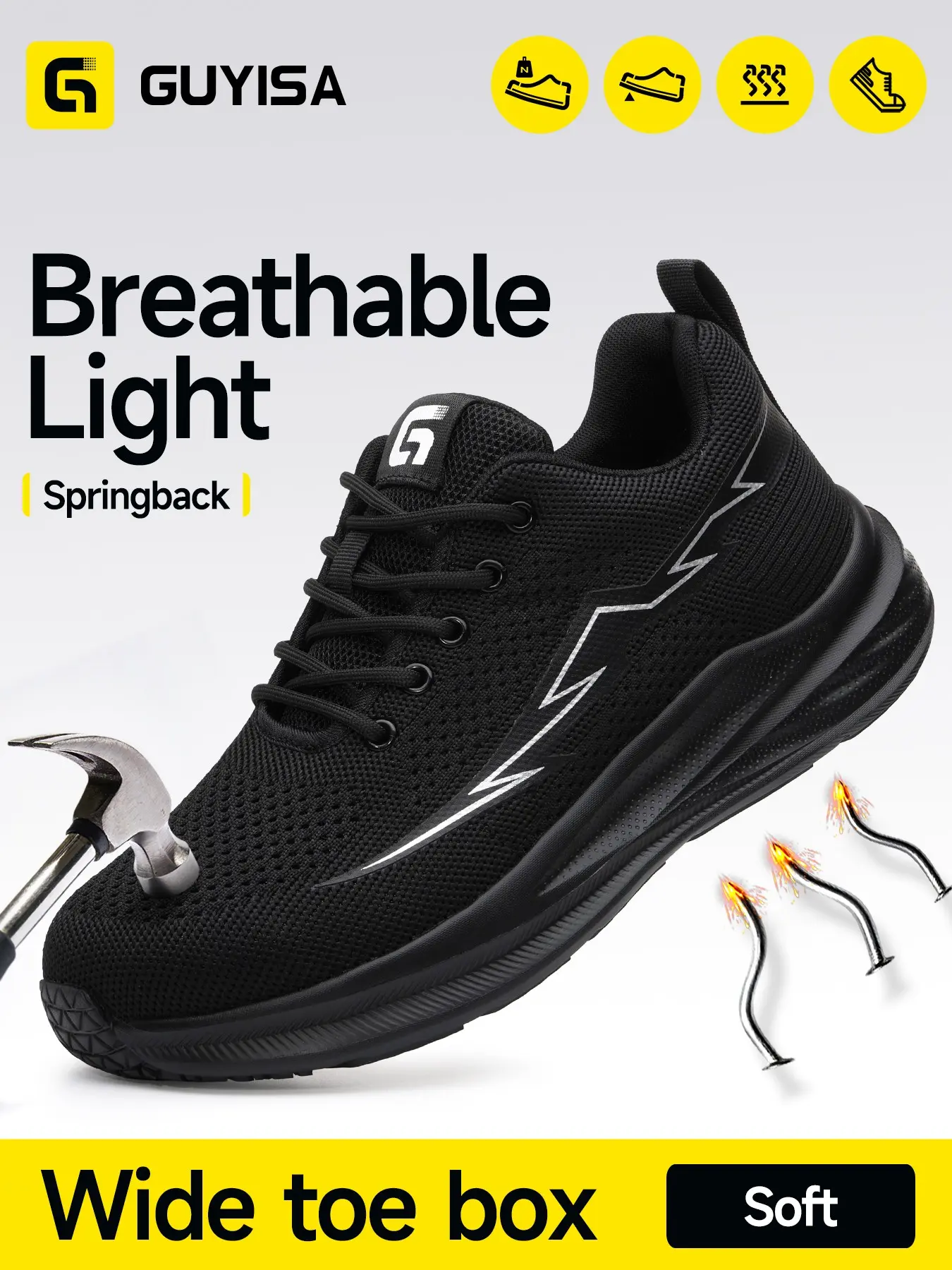 Guyisa Wide Fit Lightweight Safety Shoes, Breathable Safety Shoe, Protective Sports Shoes, Anti-Compression and Piercing, Steel Toe, Kevlar Sole, All Seasons