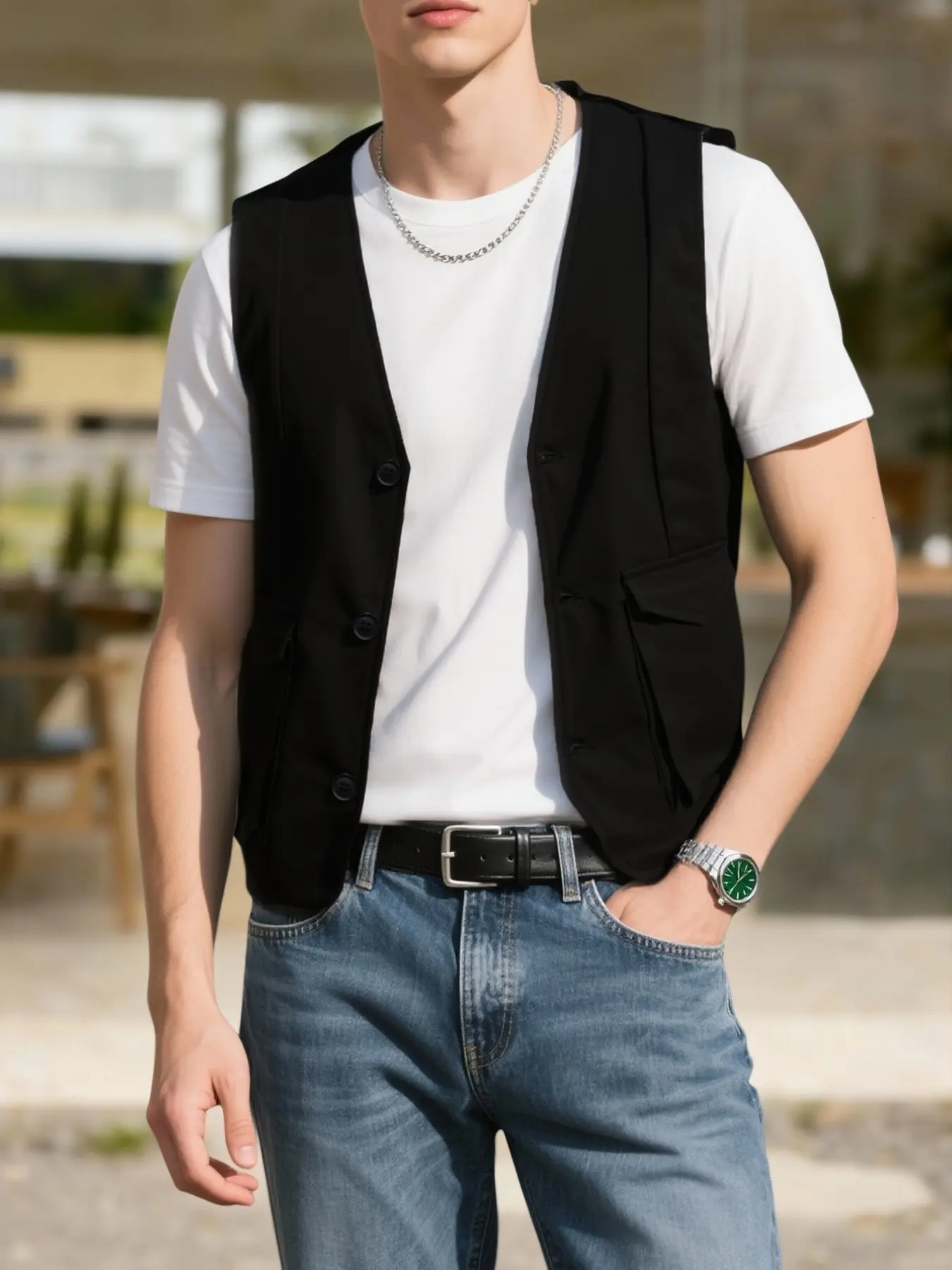 Men's Sleeveless V-Neck Utility Vest with Multi Pockets and Button Front