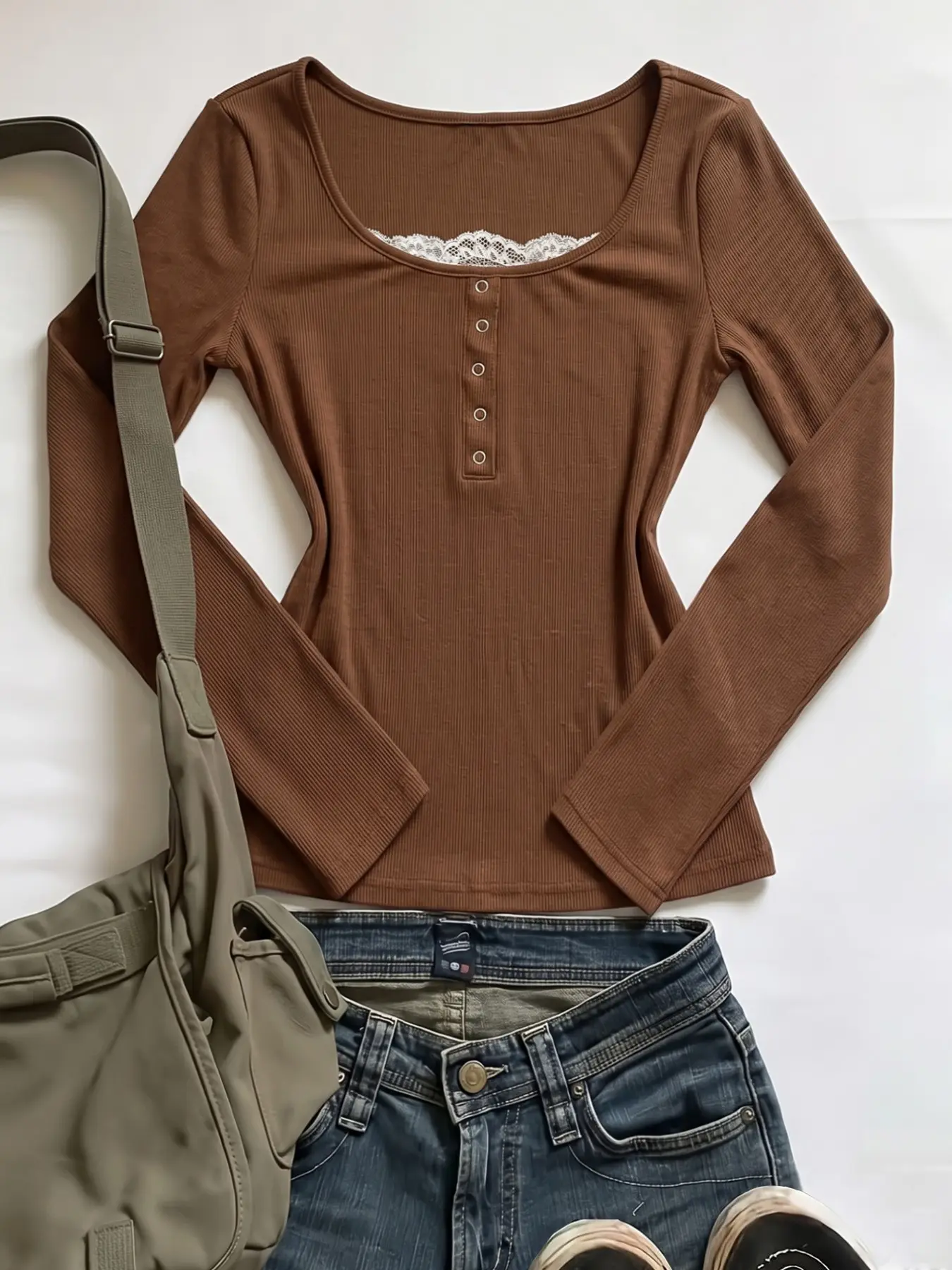 Pure Desire Style Henry Button Threaded Top, Deep Coffee Color Slim Fit Square Neck Long Sleeve Base Layer Shirt Aesthetic
