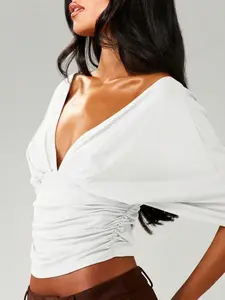 2026 Y2K Off Shoulder Deep V Crop Top, Batwing Dolman Sleeve Side Ruched Slim Fit Blouse, Women Streetwear Night Out Club Going Out Tops