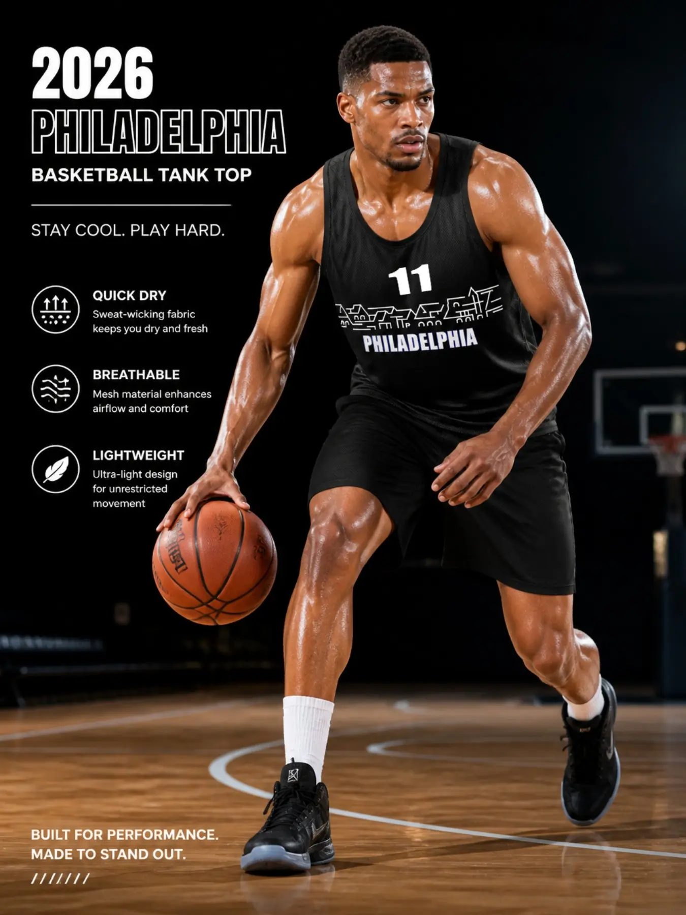 Men's Sporty Basketball Jersey, Loose Sleeveless Top, Philadelphia Skyline Letter Print, Ideal for Training, Gym, Outdoor Activities