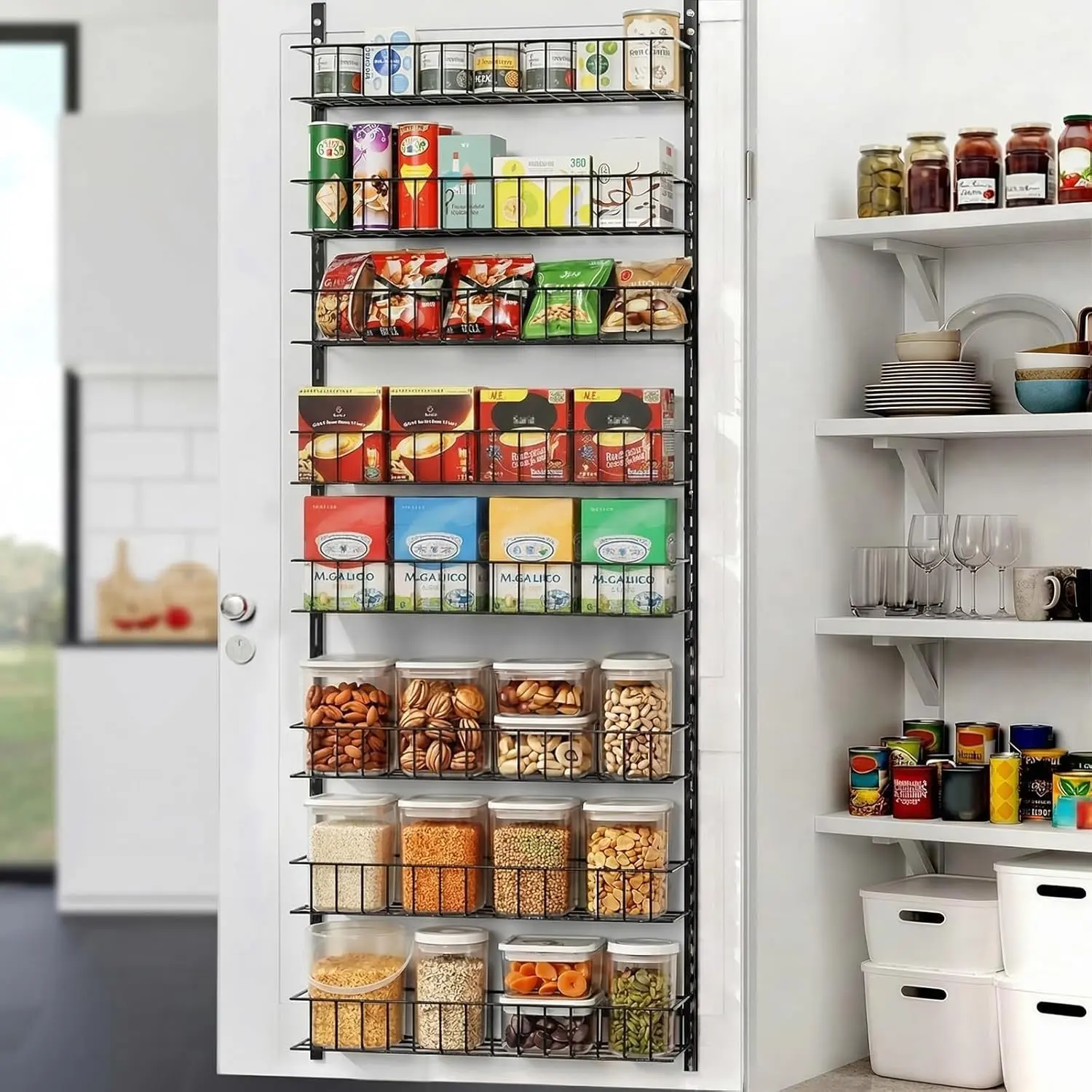 8-Tier Pantry Door Oragnizer, Over The Door Pantry Organizer Rack and Storage, Hanging Spice Rack Shelves Door, Home Office Laundry Room Bathroom & Kitchen Organization Essentials Metal