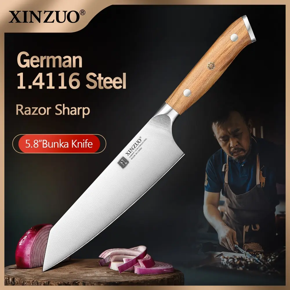XINZUO Durable 5.8 Inch Bunka Knife Kitchen Knife, Premium German 1.4116 Stainless Steel Sharp Blade, Hardness of 56–58 HRC, 15° Precision Bevel Edge, Natural Olive Wood Handle with Copper Flower Rivets, for Fruit Vegetable Soft Food Daily Prep