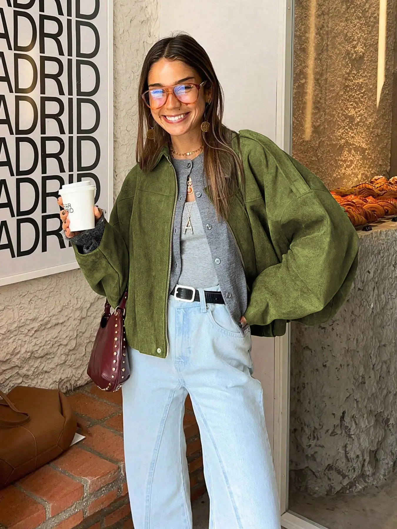 Spring Fall Retro Style Women's Casual Versatile Suede Jacket, Coats, Fashion Suede Pilot Jacket, Long Sleeve Zipper Outerwear