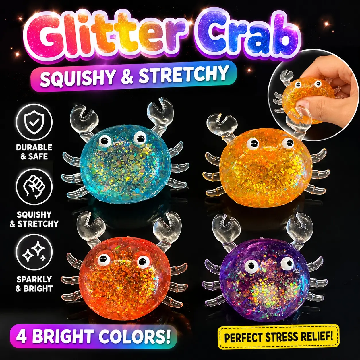1/4 Set Glitter Crab Mallow Squishy Toy, Tpr Soft Flashing Stress Relief Toy, 4 Colors, Kids & Adults Sensory Relaxation Toy