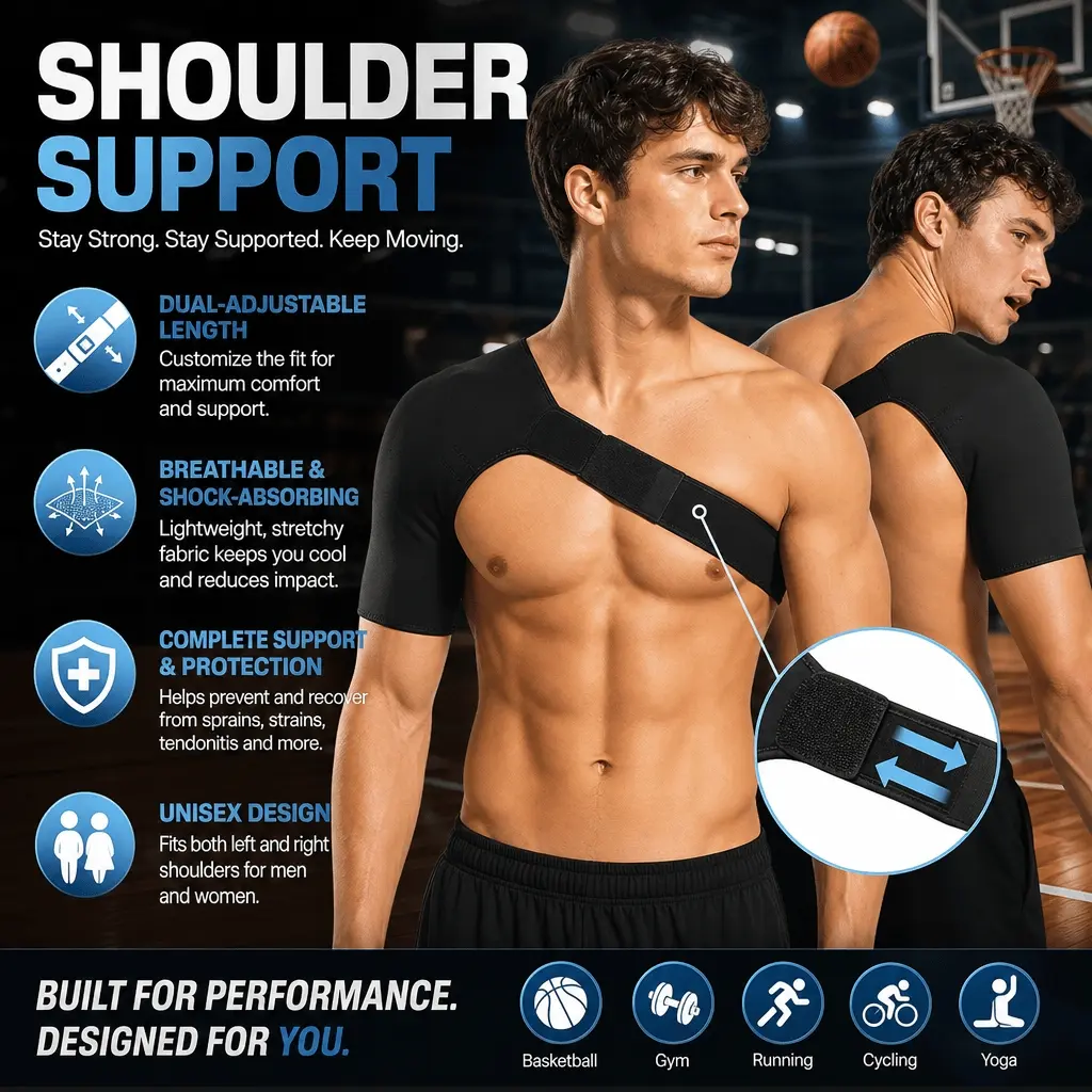 Dual Adjustable Anti-Slip Shoulder Support Strap, Reinforced Breathable Mesh, Shock-Absorbing Cushion, Unisex Shoulder Brace for Basketball, Badminton, Gym & Indoor/Outdoor