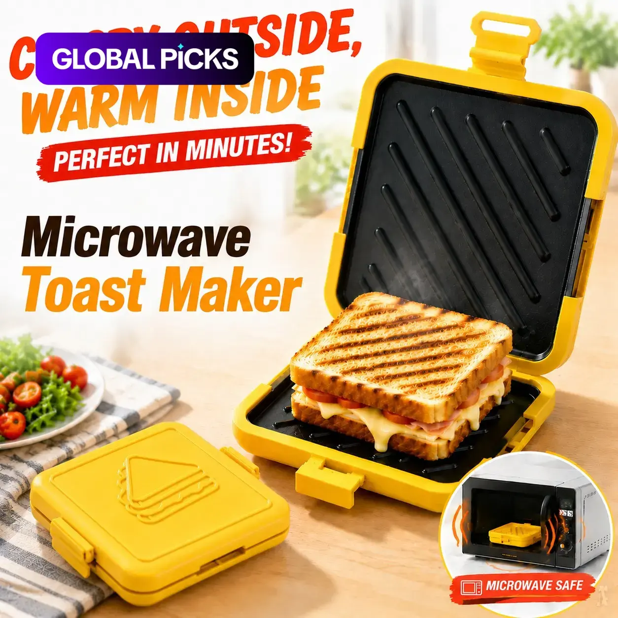 Microwave Sandwich Toast Maker Toastie Machine Breakfast Toaster Non-Stick Grill Plate, No Power Needed, Wireless, Time-Saving, Quick, Dishwasher Safe, Kitchen Appliances #GLOBAL PICKS