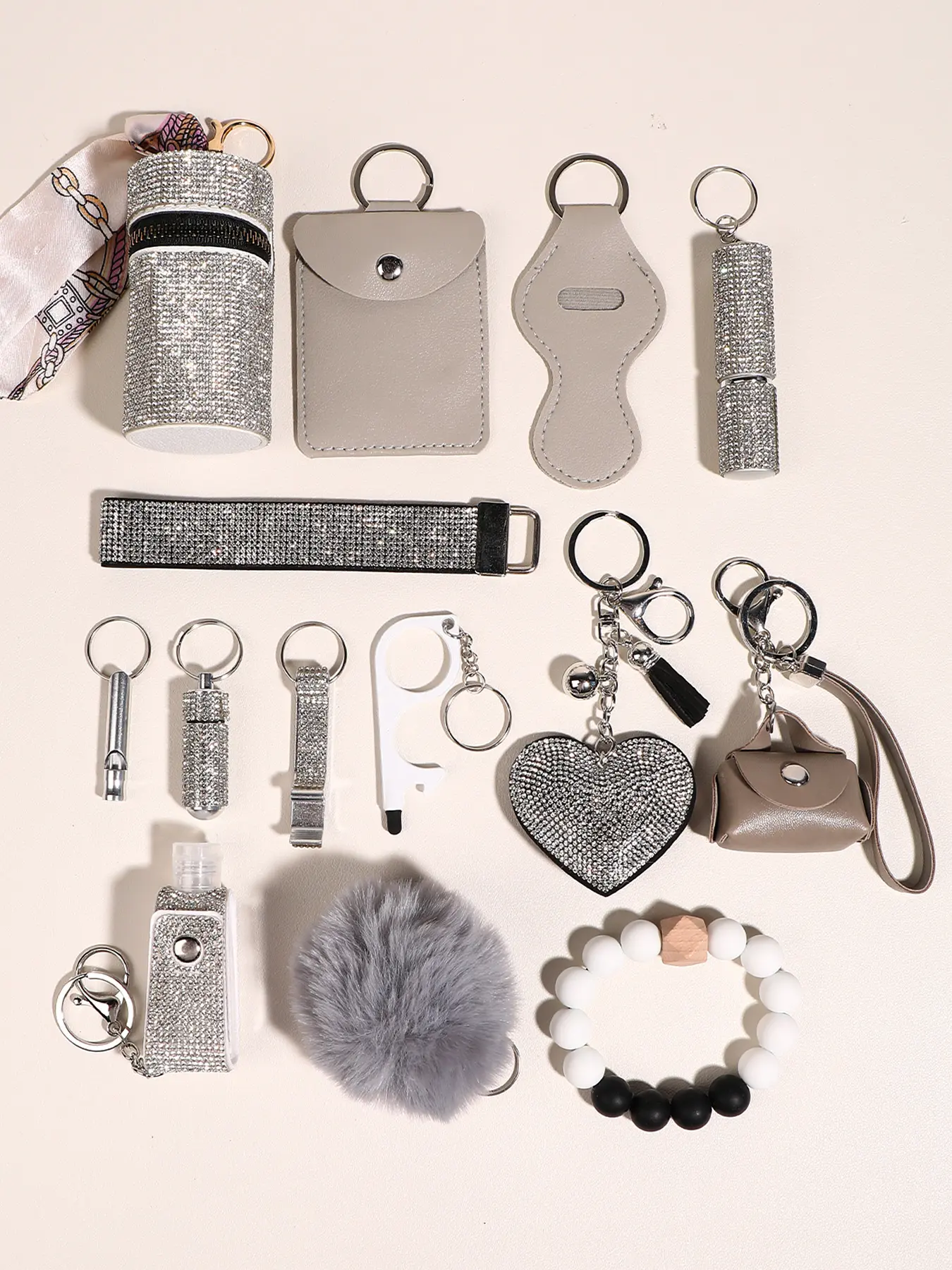 14pcs Safety Keychain Combo, Multifunctional Keychain for Women, Cute Car Keyring with Alarm and Hand Sanitizer Holder, Self Protection Key Chain Accessories, Travel Security Tool Set, Birthday Gifts for Mom Sister Friend, Keychain Accessory