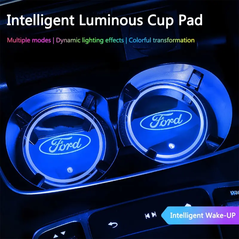 Car Luminous Coasters LED Cup Holder Lights 7 Color-Changing Light Up Cup Holder For Ford Focus mk2 mk3 Fiesta Fusion Ranger Mondeo S-MAX Kuga
