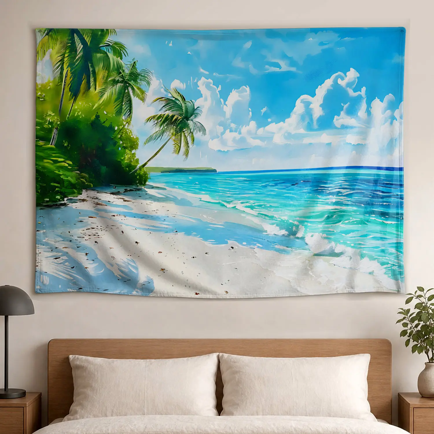 Tropical Beach Palm Tree Ocean Landscape Wall Tapestry - Large Horizontal Polyester Artwork, Colorfast High-Res Print with Hippie Vibe, Easy Room Decor, No-Install Gift for Living Room, Indoor-Outdoor Use