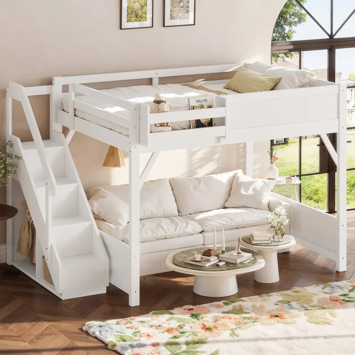 [Bellemave] Queen Size Loft Bed with Built-in Wardrobe and Storage Space, Solid Wood Loft Bed with Beside Shelves, Full-length Guardrails and Stairs, No Box Spring Needed