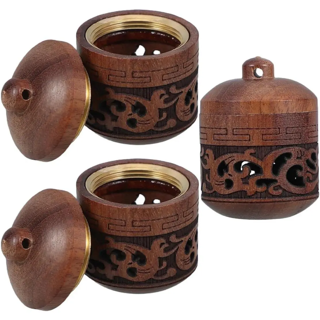 3pcs Wooden Lantern-Shaped Lotus Totem Aroma Diffuser Pendant Set - Hollow-Carved Essential Oil Necklace with Bottle for Aromatherapy, Air Freshener