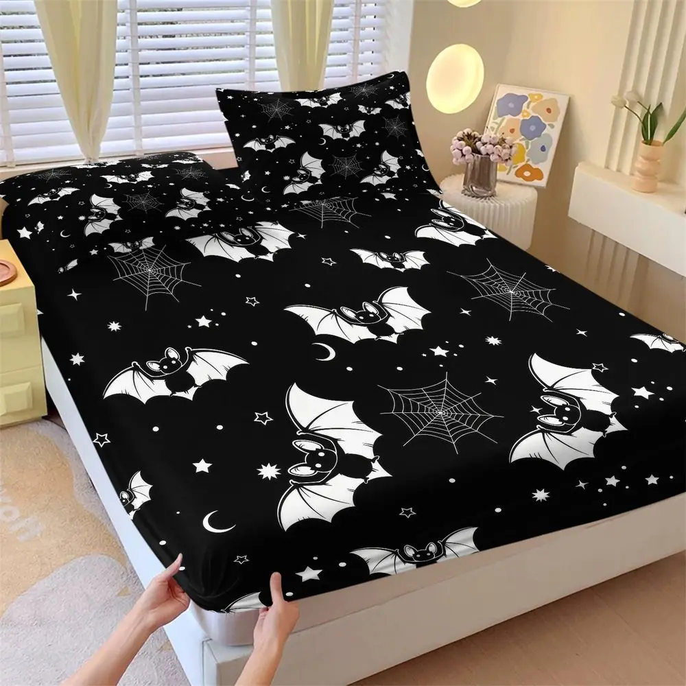 3Pcs Spooky Bat Pattern Fitted Sheet Set, Halloween Gothic Bed Sheets Set, Soft Microfiber Bedding Set for Bedroom Decor, Black Aesthetic Night Sky Bedding for Teens & Kids, Cool Bedding Set, Easy Care No Fillers