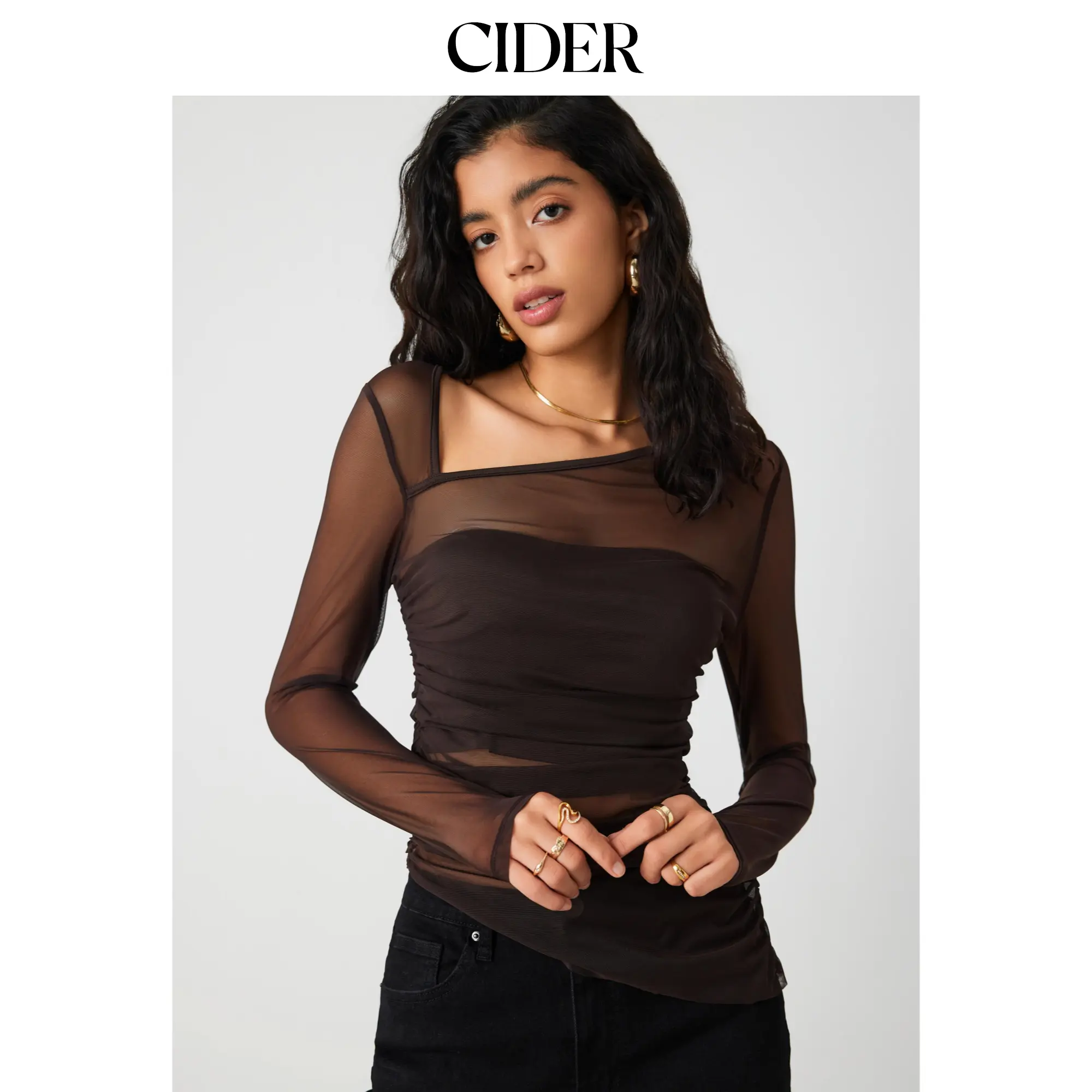 Cider [size 2-10] Mesh Asymmetrical Neck Long Sleeve Top SummerFinds