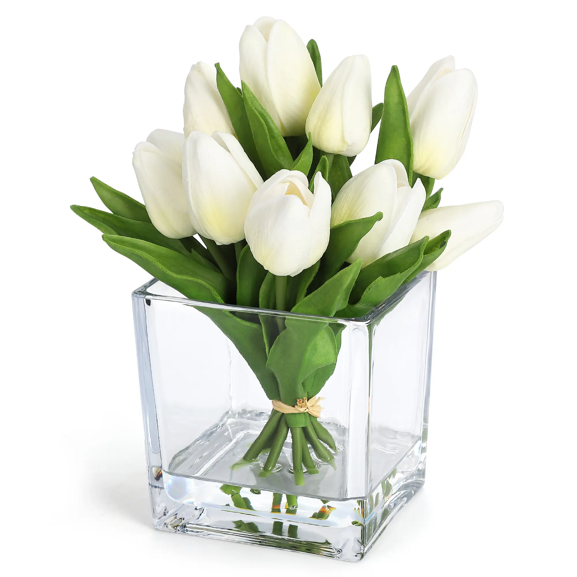 Real Touch Artificial Tulips in Glass Vase with Faux Water – 12 Lifelike Silk Stems – Decorative Faux Flowers for Home, Table Centerpiece, Wedding, Spring Decor, Mother’s Day Gift