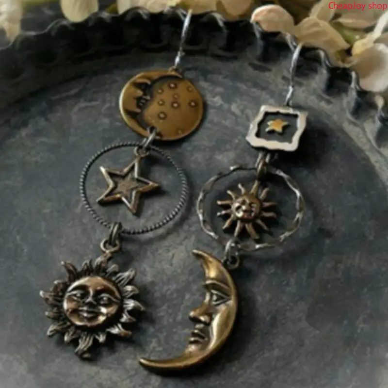 Vintage Asymmetrical Sun & Moon Dangle Earrings, Eye-Catching Boho Statement Jewelry, Unique Celestial Drop Ear Accessories, Versatile All-Match Ornaments for Women, Ideal for Daily Casual Outfits, Cocktail Parties, Bohemian Styling & Trendy Everyday Fash