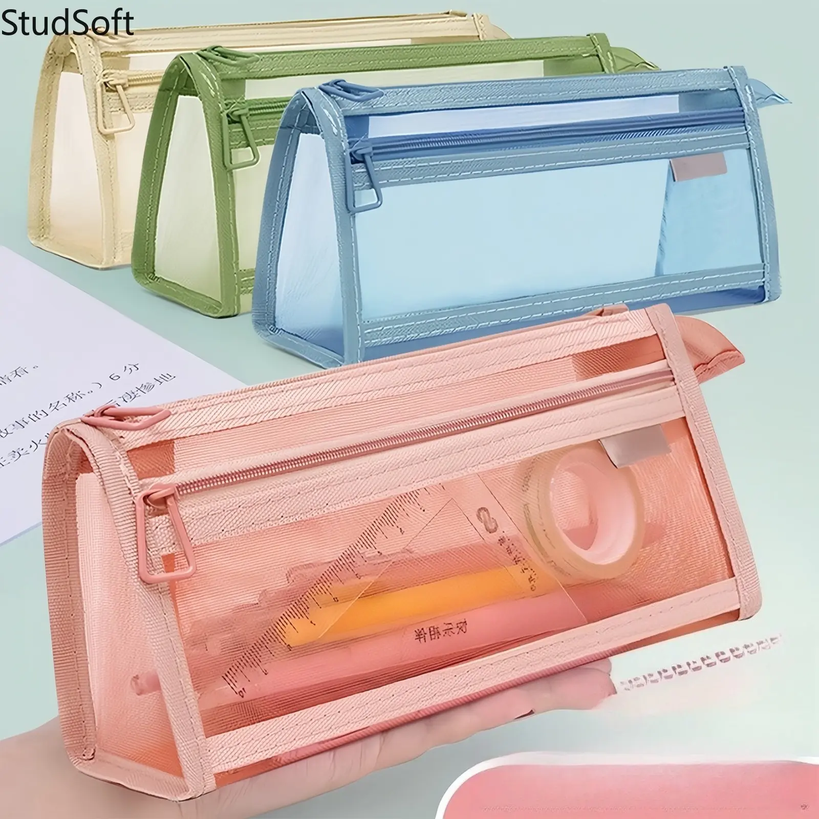 4Pcs Large Capacity Mesh Pencil Case Clear Pencil Pouch Triangle Aesthetic Stationery Organizer Bag for School Office Teen Girls Boys,back to school,back to school haul