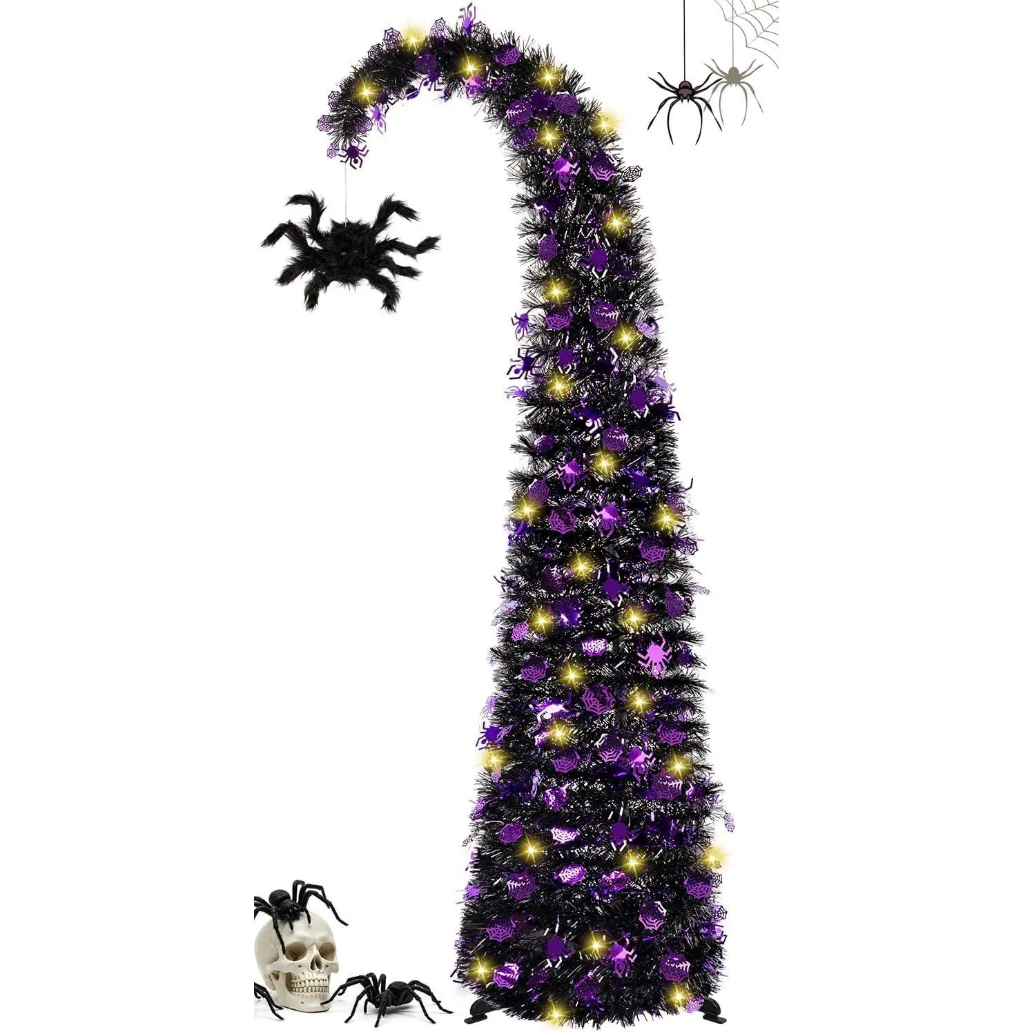 5FT Curved Halloween Pop Up Christmas Tree with Spider Pendant and Lights | Curved Top, Spider Pendant, 120 Warm LEDs, Black PVC Tinsel, 8 Modes, 6H Timer, Ideal for Apartment, Porch and Corner Decor