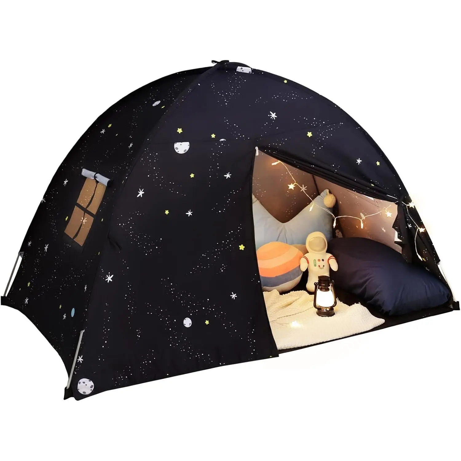 Large Teepee Tent for Kids with Star Lights - Indoor Kids Teepee Tent for Boys & Girls Kids Play Tent Inside Canopy Bed for Playroom Gift Toys (Black Galaxy)