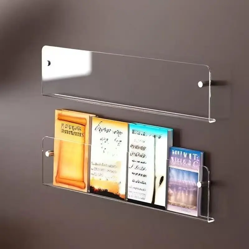 Transparent Acrylic Wall-Mounted Bookshelf, Simple Magazine Display Rack, Bedroom Living Room Book Storage Shelf, Hole-Punched Design
