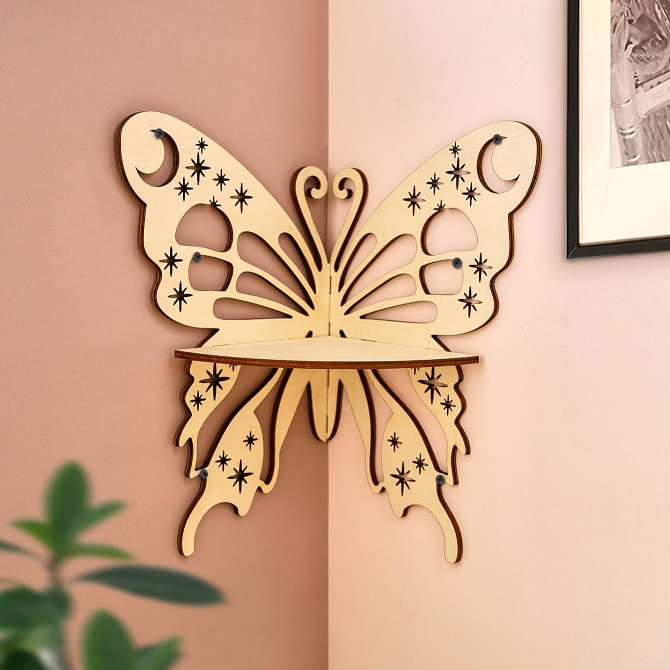 Wooden Butterfly Shaped Wall Mounted Storage Rack, 1 Count Hollow Out Design Wall Hanging Shelf, Wall Decor for Home Living Room Bedroom, Wall Mounted Organizer
