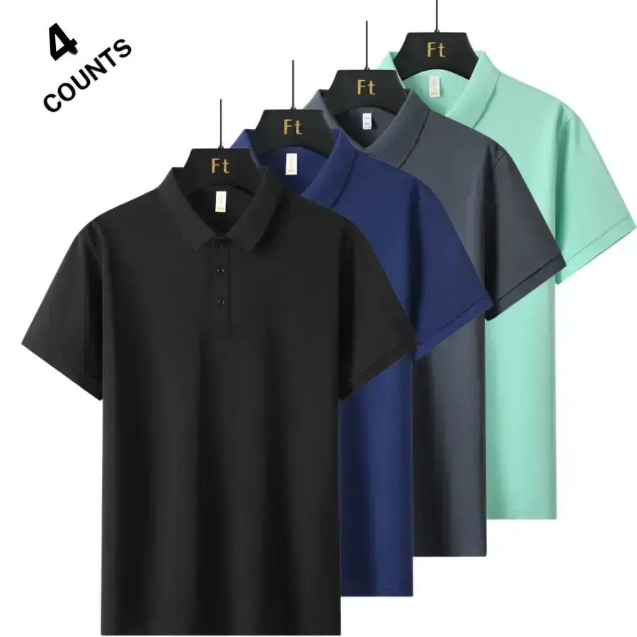 Four solid color men’s polo shirts in a business casual style featuring a classic turn down collar design with refined button detailing. Short sleeves offer a versatile fit for multiple seasons, while the smooth, drapey fabric resists wrinkles. A slim sil
