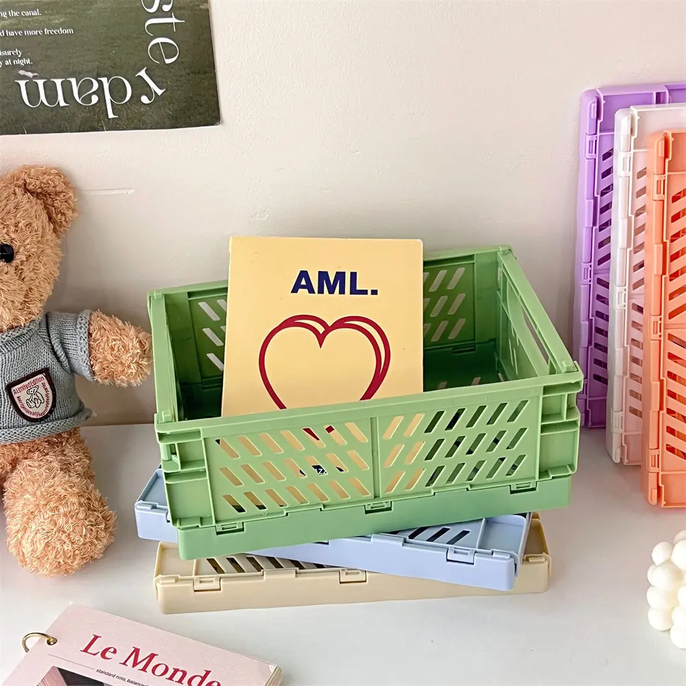 Mini Foldable Plastic Storage Box, Student Desktop Organizer, Hand Account Tape Stationery Basket, Folding Baskets for Office Supplies, Plastic Storage Organizers
