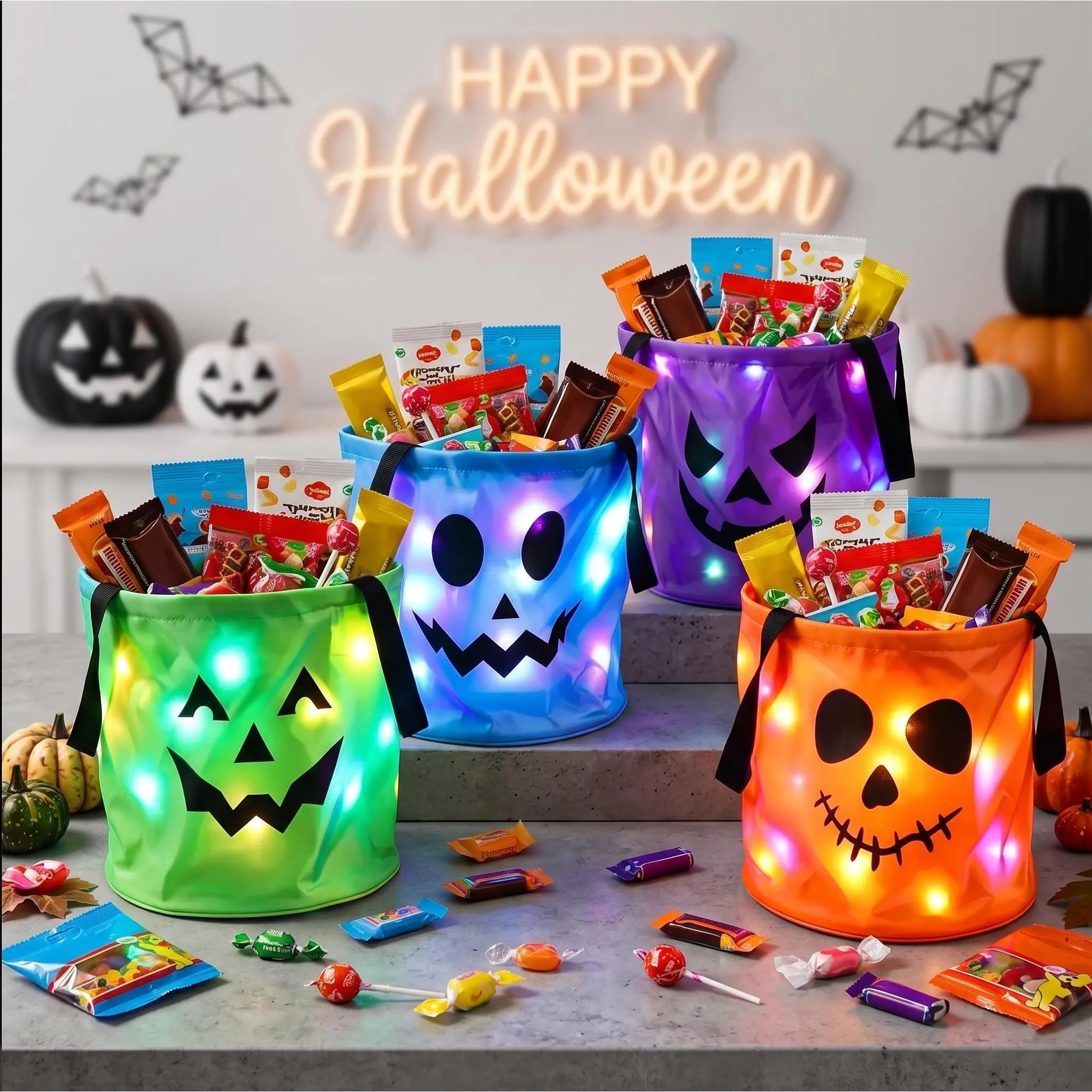 Lighted Pumpkin Candy Holder, Halloween LED Bucket for Collecting Treats, Fun Kids Party Accessory, Seasonal Home Decor