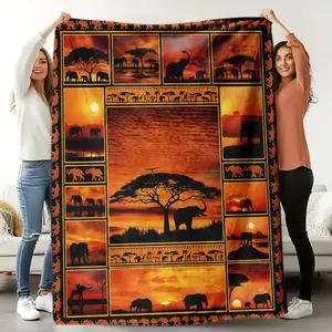 A Fleece Blanket Featuring an African Sunset And Elephants, Perfect for Home Decor And Suitable for All Year Round!Made of 100% Soft And Breathable Polyester, It Makes an Ideal Gift for Family And Friends in Any Season