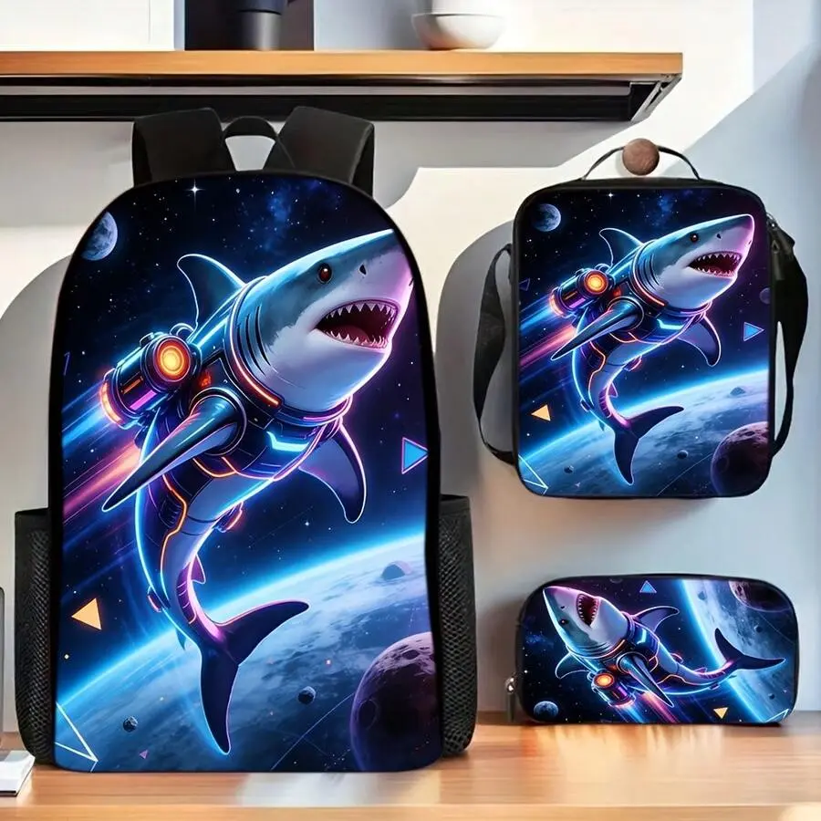 3pcs Cool Stylish Cyber Space Shark Printed Backpack Set Suitable For Daily And Outdoor Travel Use # backto school # Backpack set # school gifts # girls gifts #   boys gifts # birthday gifts, 17in Bookpack