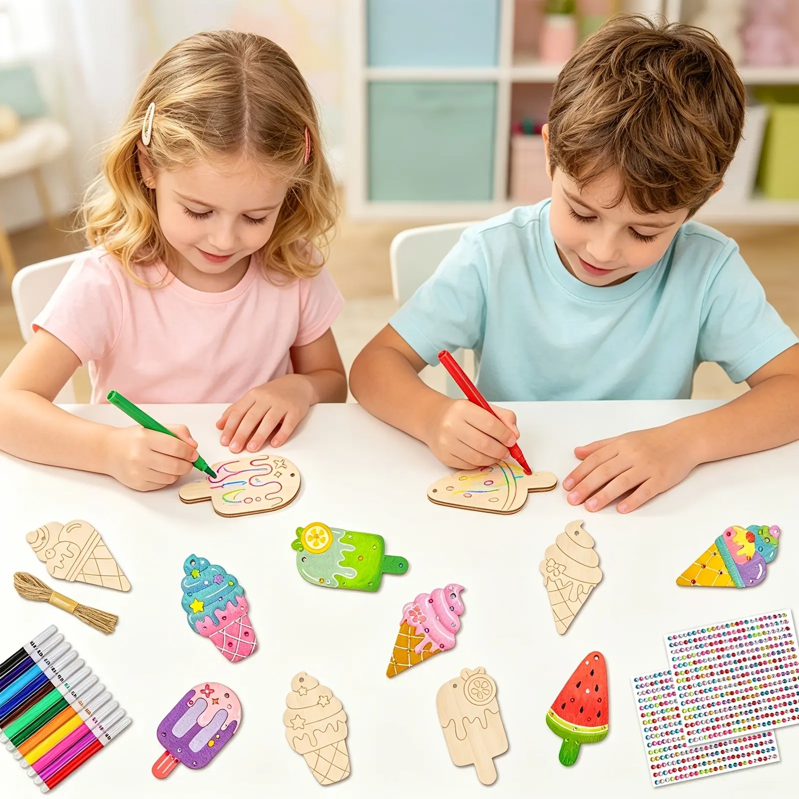 24-Piece DIY Craft Kit, Wooden Decorations, Markers, Stickers, Lanyard, Creative Art Set for Kids, Birthday Party, School, Pajama Party