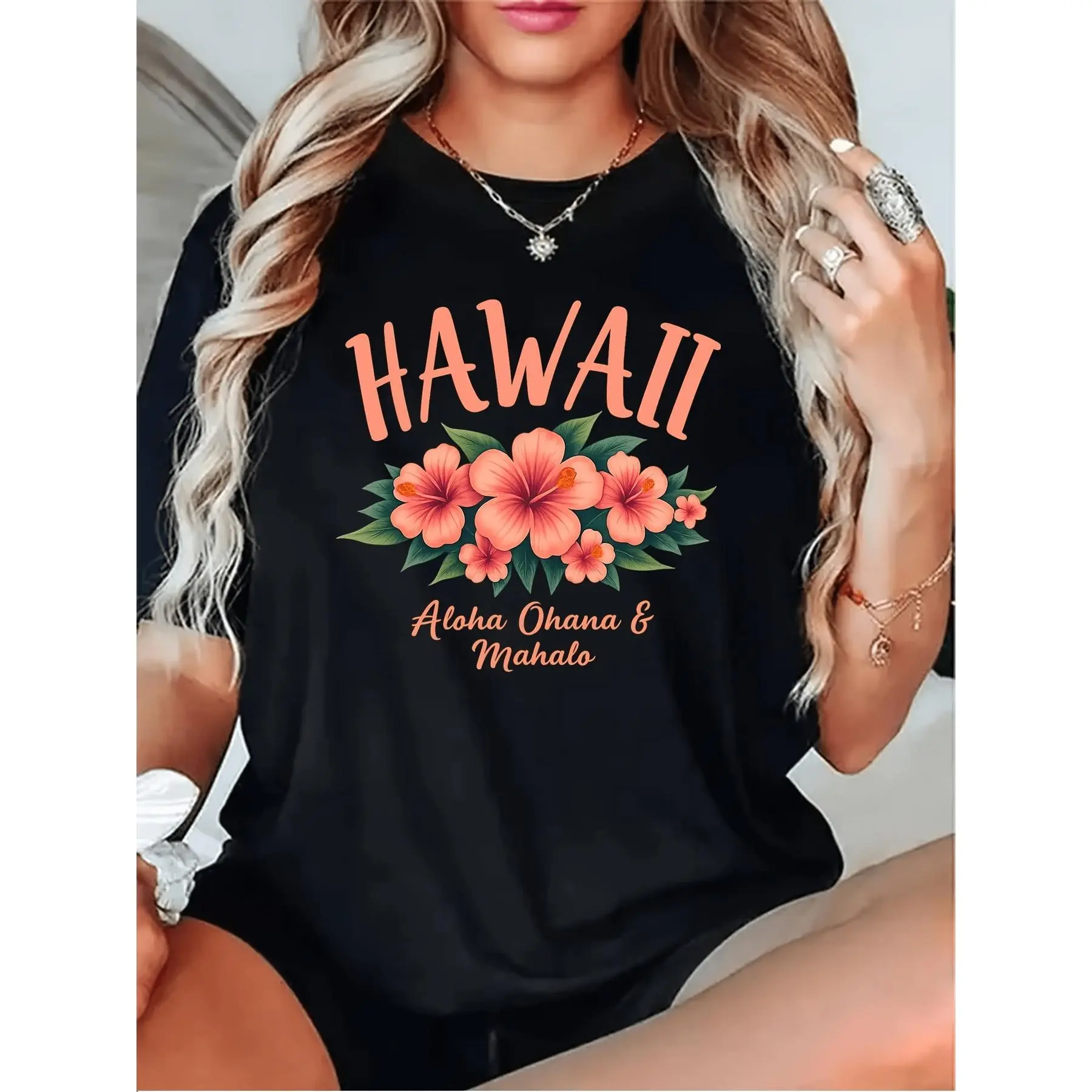 WoWomen' S Hawaiian Hibiscus & Plumeria Flower Print T Shirt with Aloha Ohana & Mahalo Text Soft Round Neck Short Sleeve Casual Hawaiian Shirt in Black Grey White Dark Red All Season Fit for Comfortable Loose Tee for Travel and Vacation