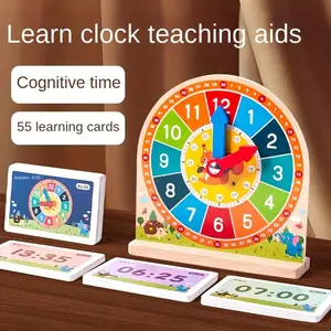 1 Set Wooden Educational Learning Cognitive Clock with Cards Toy - Time Teaching Aid, Math And Cognitive Skills Development - Suitable for Day, Christmas, Easter Gifts