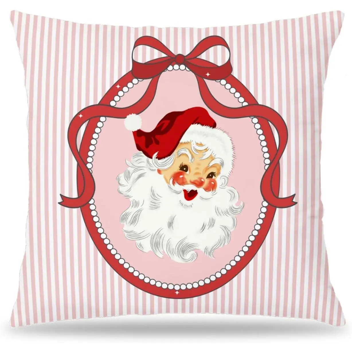 Coquette Red Bow Christmas Santa Pillow Covers 18x18, Preppy Christmas Decor, Girly Xmas Santa Claus Pink Striped Decorative Throw Pillow Covers for Girls Dorm Room Apartment