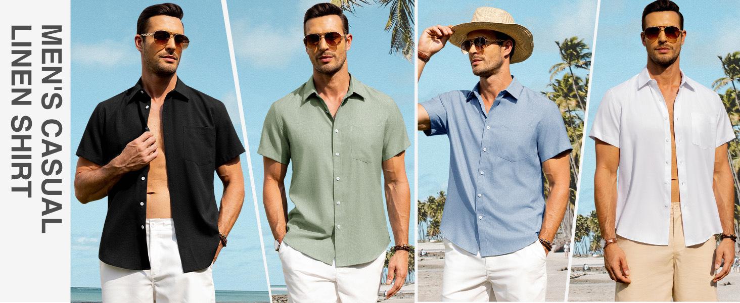 Alimens & Gentle Men's Linen Shirt Short Sleeve Button Down Shirt Wrinkle-Free Casual Vacation Beach Summer
