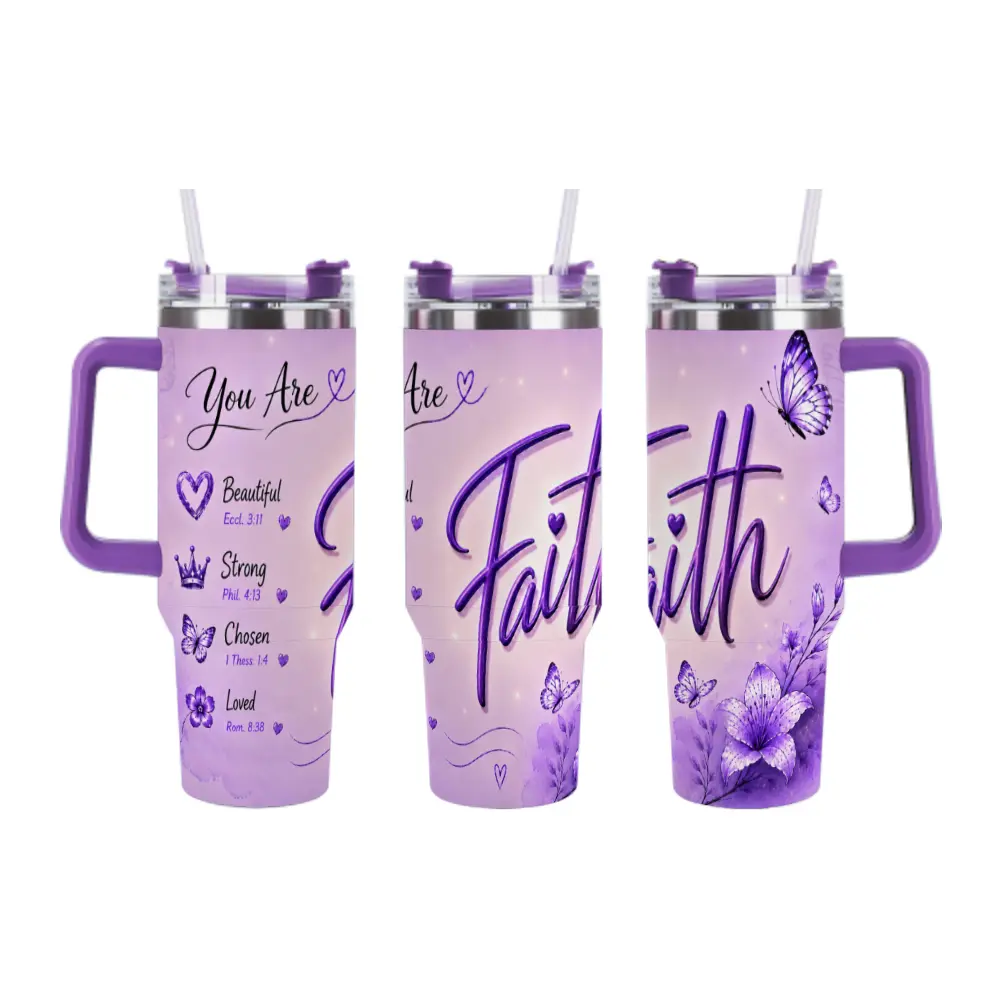 You Are Beautiful Strong Chosen Loved Faith Tumbler for Christian Women, Purple Butterfly Christian Gift for Mom, Inspirational Cup for Prayer, Bible Study & Daily Encouragement