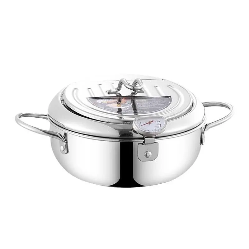 Stainless Steel Tempura Fryer with Oil Drainer, Temperature Control, Kitchen Cooking Pot, Ideal for Fried Chicken Wings and French Fries